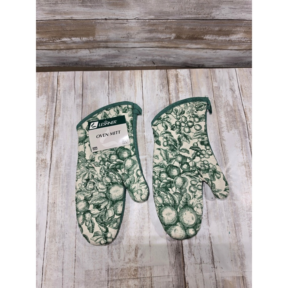 Leshner Forest Green Fruit Toile Oven Mitt Set Vintage Style Made in USA